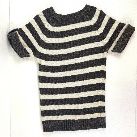 Ann Taylor XS Preppy Chic Striped Metallic Knit Shimmer Sweater Top Black Cream - Picture 10 of 10